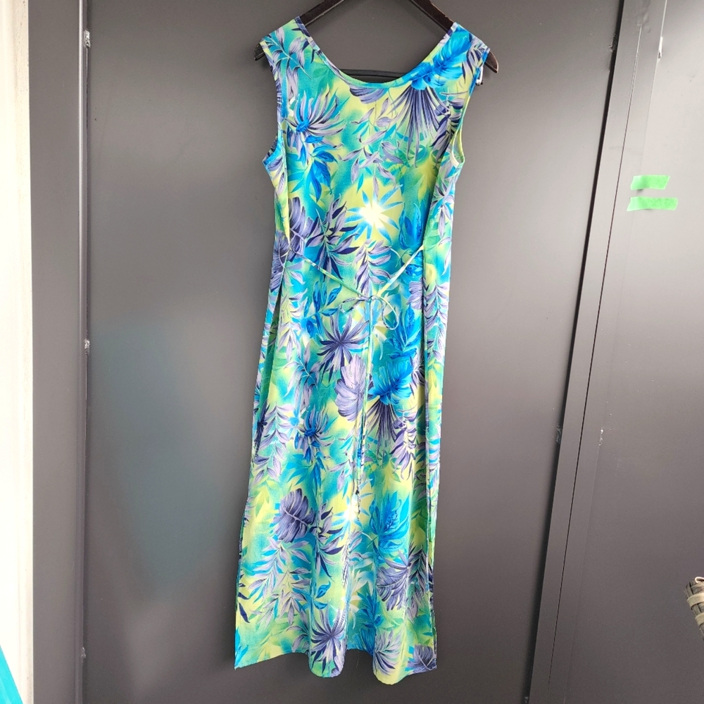 EUC  TROPICAL FLORAL SHIFT DRESS TIE WAIST SIDE SLITS - SIZE LARGE